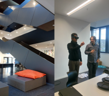 Das neue Gebäude und ein Einblick in eine Working-Session Collage aus 2 Fotos: Innenaufnahme des Gebäudes und Aufnahme von einem Teilnehmer mit aufgesetzter HoloLense und dem Referent Prof. Neudecker